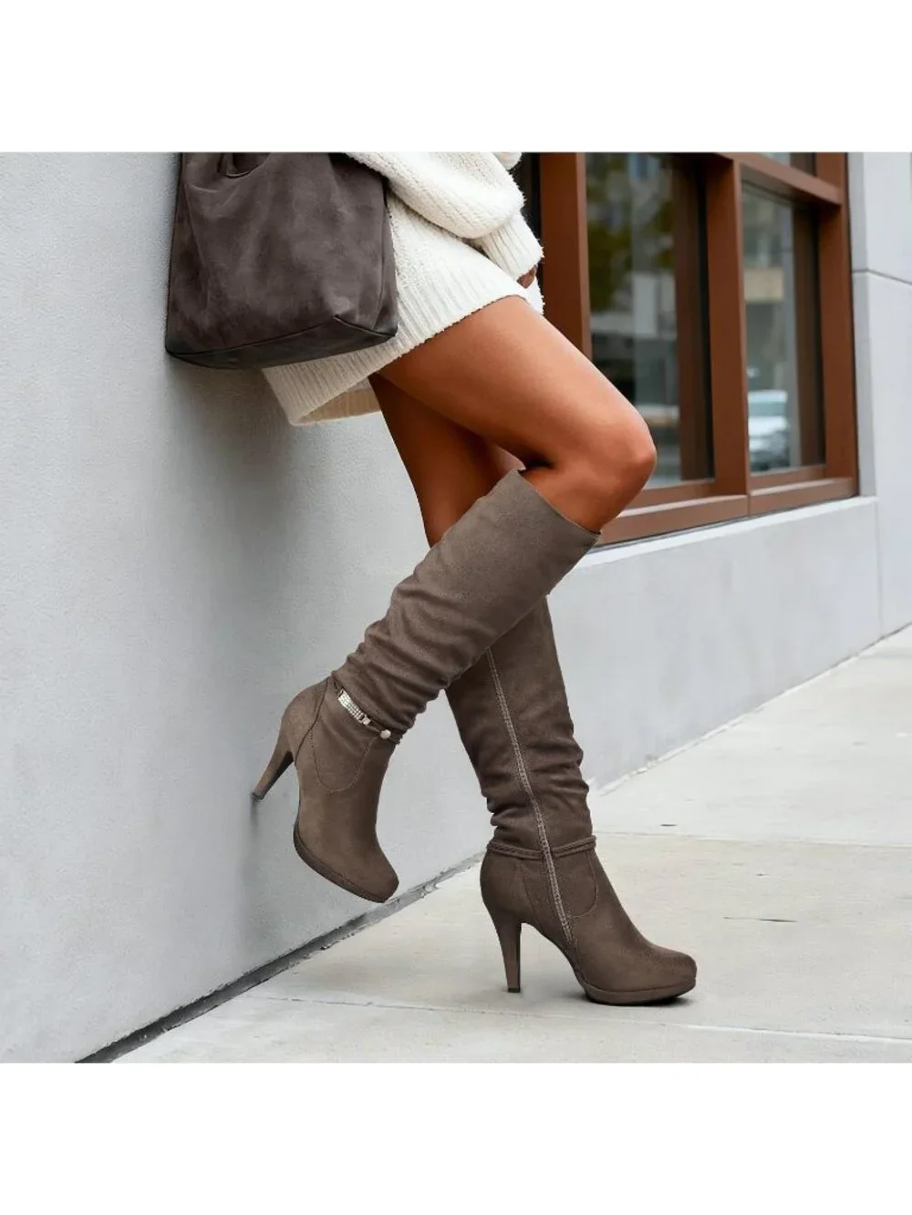 Women's Natural Stiletto Heel Rhinestone Chain Side Zipper Knee High Boots